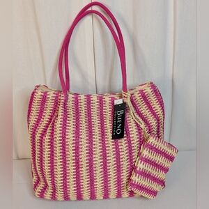 Bueno Pink and Cream Straw Tote With Coin Pouch NWT